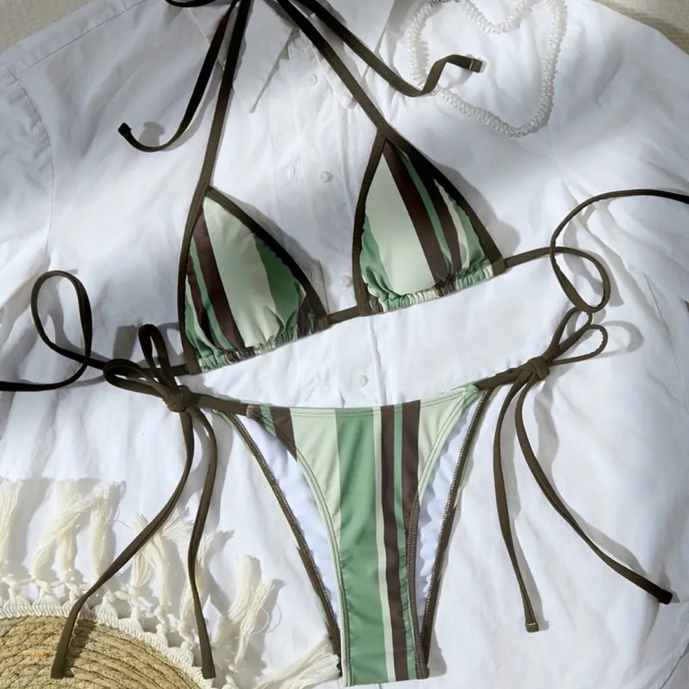GREEN AND BROWN STRIPED BIKINI SET NWT SIZE SMALL - Picture 2 of 6